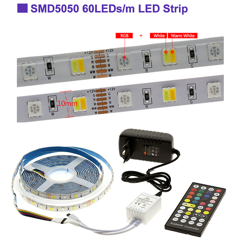 DC12V 16.4ft/5M 5050 RGB+CCT LED Strip Light Kit,60LEDs/M,  With 44key IR Remote Controller, Flexible Color Changing LED Light Strip